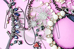 Beautiful precious shiny jewelery trendy glamorous jewelry set, necklace, earrings, rings, chains, brooches with pearls