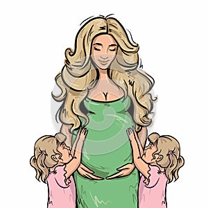 Beautiful pregnancy blond woman with pretty cute little twins girls