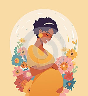 Beautiful pregnant black woman on background with flowers, happy pregnancy concept, mother s day modern card. Flat
