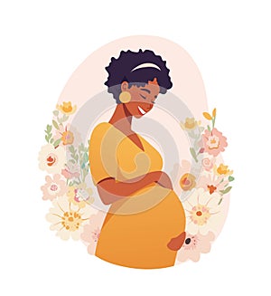 Beautiful pregnant black woman on floral background. Happy motherhood and parenthood. Modern flat vector cartoon photo