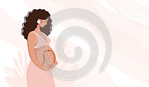 Beautiful pregnant black woman hugging her belly with fetus in uterus, pregnancy and motherhood concept, vector illustration for