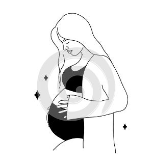Beautiful pregnant woman in black underwear. Happy future mom. Motherhood concept. Modern vector illustration in line