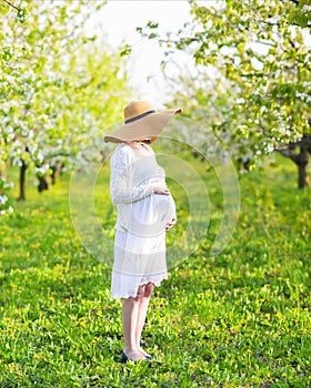 Beautiful pregnant woman in blooming garden