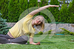 Beautiful pregnant woman doing prenatal yoga on nature.