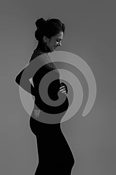 beautiful pregnant woman in dress holding her belly