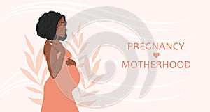 Beautiful pregnant woman, expectant mother hugs her belly with her hands. Banner about pregnancy and motherhood.
