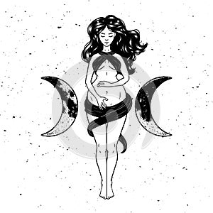 Beautiful pregnant woman figure, symbol of triple goddess, moon phases. Hekate, mythology, wicca, witchcraft. Vector illustration