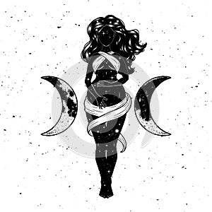 Beautiful pregnant woman figure, symbol of triple goddess, moon phases. Hekate, mythology, wicca, witchcraft. Vector illustration