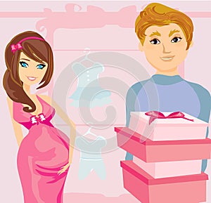 Beautiful pregnant woman and her happy husband on shopping