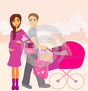 Beautiful pregnant woman and her husband on shopping