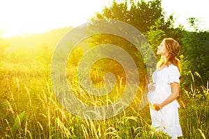 Beautiful pregnant woman in summer nature meadow in sunset