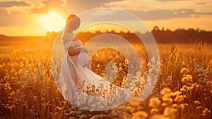 Beautiful pregnant woman in white dress standing in the golden field at sunset or sunrise at summer time