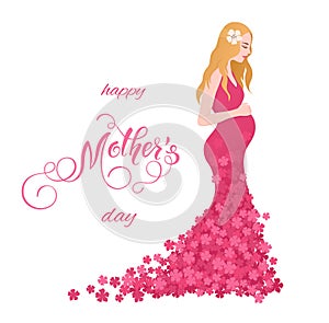 Beautiful pregnant women in flowery dress. Mothers Day greeting card with lettering. Spring holidays