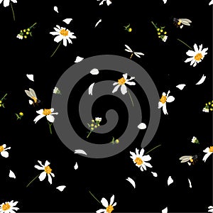 Beautiful pretty daisy floral print blowing in the wind design with bumble bees seamless pattern in vector for fashion ,fabric ,