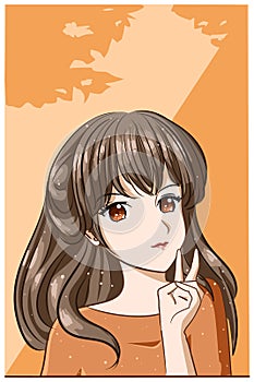 Beautiful and pretty girl long hair with orange background cartoon illustration