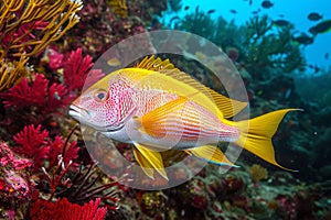 beautiful pretty nice cute funny fish in ocean. sea, aquarium, swimming exotic under depth, colourful reef, water salt