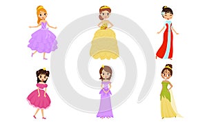 Beautiful Pretty Princess Carrying Crown Vector Illustrations Set