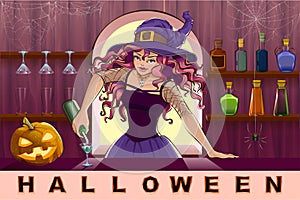 Beautiful pretty witch girl pours cocktails Halloween party photo