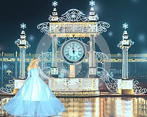 Beautiful princess in blue long dress runs away from the queens ball when the clock is struck 12pm. Art processing