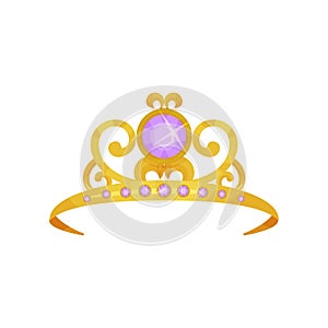 Beautiful princess crown decorated with round purple gemstones. Golden tiara. Precious queen accessory. Symbol of royal