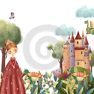 Beautiful princess with fantasy flowers, dragon and castle