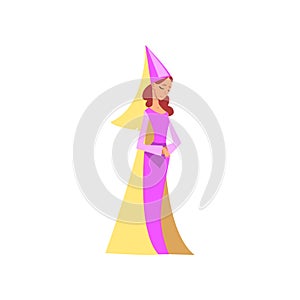 Beautiful Princess Medieval Character in Pink Ddress and Pointed Hat Vector Illustration