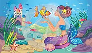 Beautiful princess or mermaid with golden fish. Cute funny fairy. Fabulous landscape with sea bottom. Ocean background. Vectjr