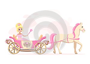 beautiful princess in a pink carriage decorated with heart-shaped jewels