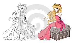 Beautiful princess in pink dress sitting with long blonde hair. Color and outlined picture for coloring book on white background.