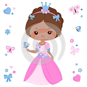 Beautiful princess with a pretty dress. Vector illustration set