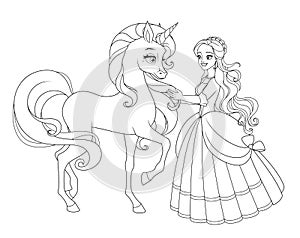 Beautiful princess with unicorn. Vector coloring illustration.
