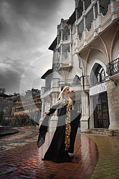 beautiful princess with white hair in a castle interior