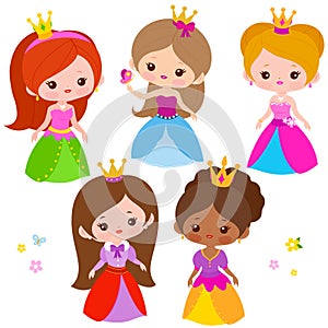 Beautiful princesses with pretty dresses. Vector illustration set