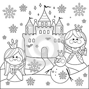 Beautiful princesses in a winter landscape in the snow with a castle and a snowman. Vector black and white coloring page.