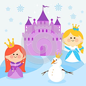 Beautiful princesses in a winter snowy landscape with a castle and a snowman. Vector Illustration