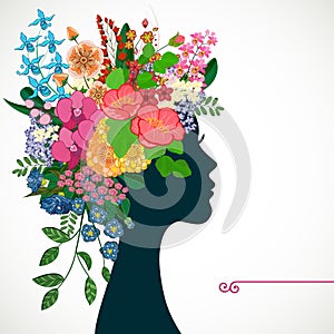 Beautiful profile young woman with tropicl flowers in heir hair. Vector illustration greeting card beauty and fashion