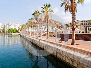 Beautiful promenade in Alicante. View of palm trees and port. Spain