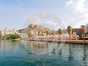 Beautiful promenade in Alicante. View of palm trees and port. Spain