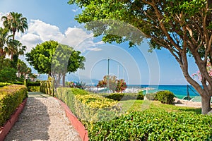 Beautiful promenade with green trees in Kemer, Turkey.