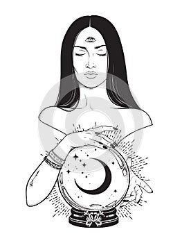 Beautiful prophetess with third eye reading magic crystal ball with crescent moon line art and dot work. Boho chic tattoo, poster