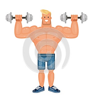 Beautiful pumped up bodybuilder man doing exercises with dumbbells and smiling, flat vector