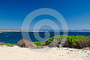 Beautiful Punta Paloma beach. A lot of kiteboarders training. Mount Jebel Musa in Morocco on the background. Tarifa, Cadiz