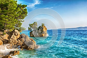 Beautiful Punta Rata beach in Brela, Makarska Riviera, Dalmatia, Croatia. Travel resort background. Summer vacatioan. Copy space