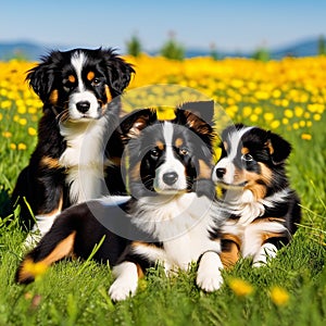 Beautiful puppies lie on the meadow