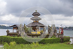 Pura Ulun Danu Bratan Water Temple in cloudy weather on the island of Bali, Indonesia