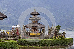 Pura Ulun Danu Bratan Water Temple in cloudy weather on the island of Bali, Indonesia