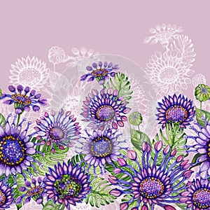 Beautiful purple African daizy flowers with exotic leaves on pink background. Seamless floral pattern.