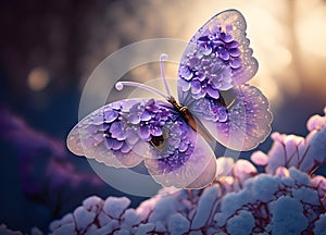 beautiful purple butterfly flying and Hydrangea flowers.