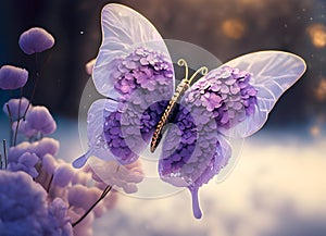 beautiful purple butterfly flying and Hydrangea flowers.
