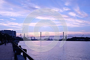 Beautiful purple color sunset over the Savanna river and Talmadge Memorial Bridge